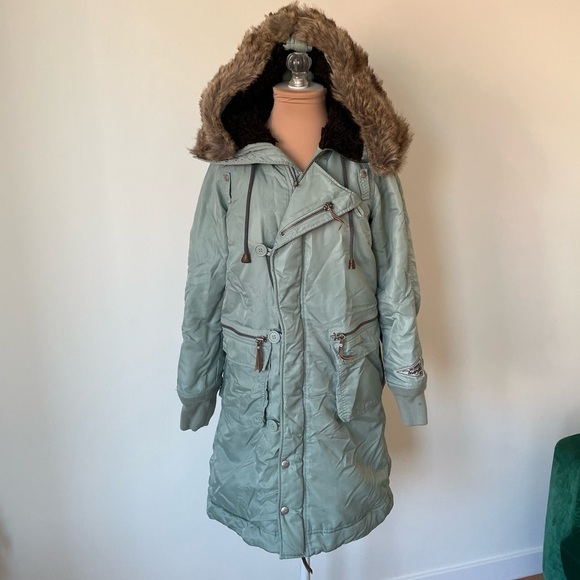 Diesel Blue Gray Removable Fur Trim Cargo Pocket Parka Winter Coat Size Medium - Picture 1 of 12